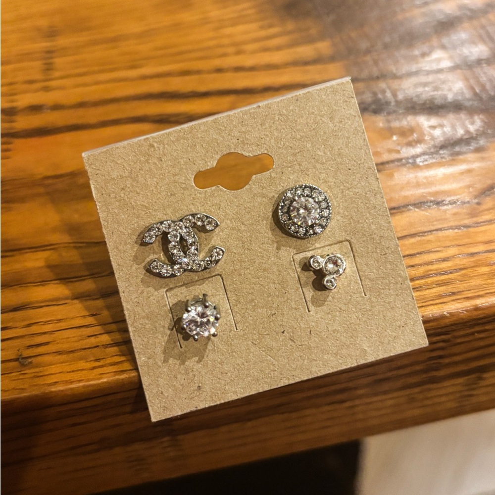 Silver and Crystal Logo Earrings Set